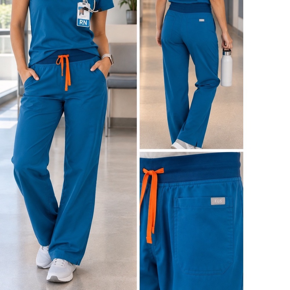 FIGS Scrub Pants Blue Orange Drawstring Straight Leg Medical Uniform Size S
